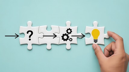 Solve business problems with teamwork revealing innovation, strategy and bright ideas on connected puzzle pieces