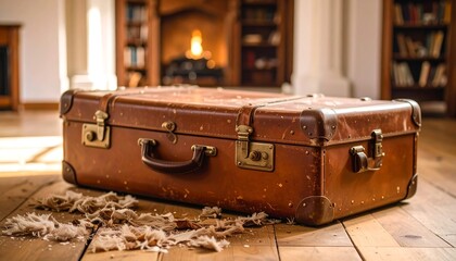 Old suitcase on wooden floor