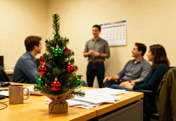 Office, Christmas and small tree with red and green ornaments for holiday celebration, teamwork and meeting with young people, winter workplace and festive decorations