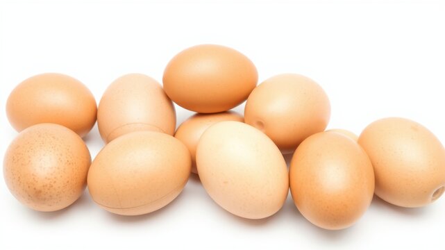 A pile of fresh brown chicken eggs arranged in a loose cluster on a white background