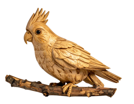 Rustic Hand-Carved Wooden Cockatiel Figurine with Detailed Feathers, Perched Pose, Side View, Isolated on Transparent Background
