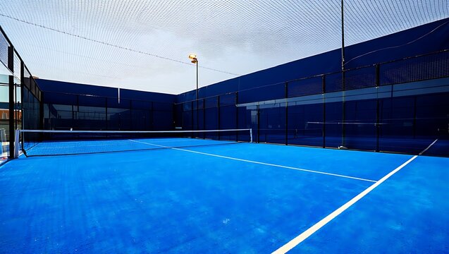 Blue Padel Tennis Court with Net and Fencing blue court sports