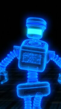 Seamless vertical video animation of a neon walking robot . Funny futuristic sci-fi background.