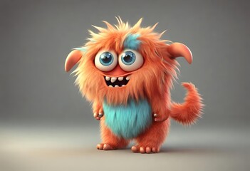 Fototapeta premium Shaggy Orange and Blue Hairy Monster with Cartoon Smile A scruffy orange furry monster with turquoise chest, big blue eyes, and a quirky playful expression.