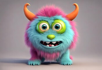 Fototapeta premium Whimsical Pink and Green Furry Monster with Cartoon Horns A fluffy pink and mint green monster with orange horns, goofy eyes, and a quirky grin.