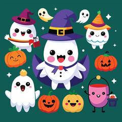 Collection of adorable cartoon halloween ghost icons with various expressions and friendly faces for spooky themed designs