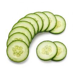Close-up shows a crescent of freshly sliced cucumber rounds, revealing their seeds, alongside a separate stack of two slices against a pristine white backdrop