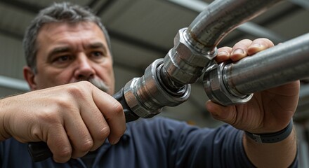 Skilled worker assembling and connecting two metal pipes in a factory or workshop.Concept of industrial fabrication and pipe fitting.