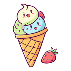 Cute Smiling Ice Cream Cone with Strawberry Vector Illustration