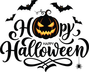 Happy Halloween greeting with spooky pumpkin face, flying bats, hanging spider, festive script text, Halloween decoration, spooky fall holiday