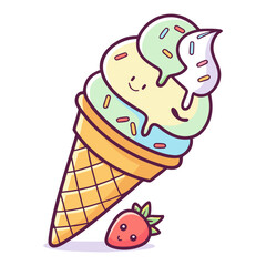 Cute Smiling Ice Cream Cone with Strawberry Vector Illustration