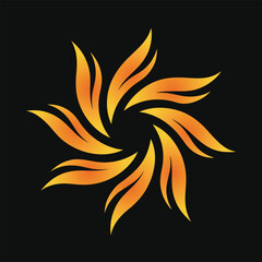 Swirling orange and yellow flame shapes forming a circular pattern on black abstract
