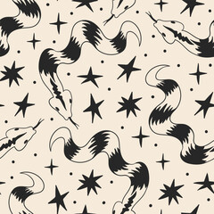Mystical vector seamless pattern with snakes and stars. Hand drawn serpents with star symbols. Magical reptile flat background for print, fashion, and surface design