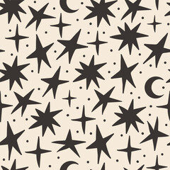 Seamless pattern with various black stars. Vector flat background