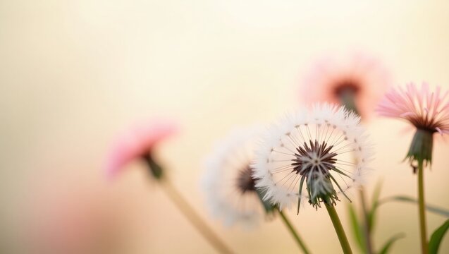 Pink Dandelion Flowers on Pastle Background &ndash; Creative Floral Photography