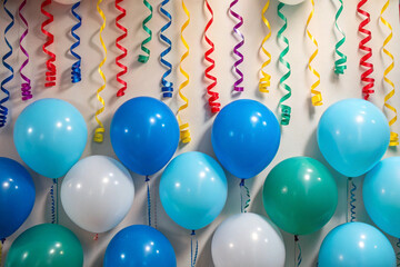 Colorful Balloons and Curling Streamers for Party Celebration decoration Birthday Background