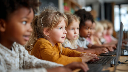 primary school classroom multiethnic kids using laptops learning technology together teacher guidance interactive digital education collaborative group learning environment