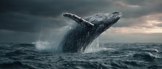 Fototapeta premium A majestic whale breaching in the ocean under a dramatic and overcast sky