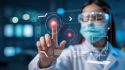 Medical researcher interacting with futuristic holographic interface for research and development in modern lab