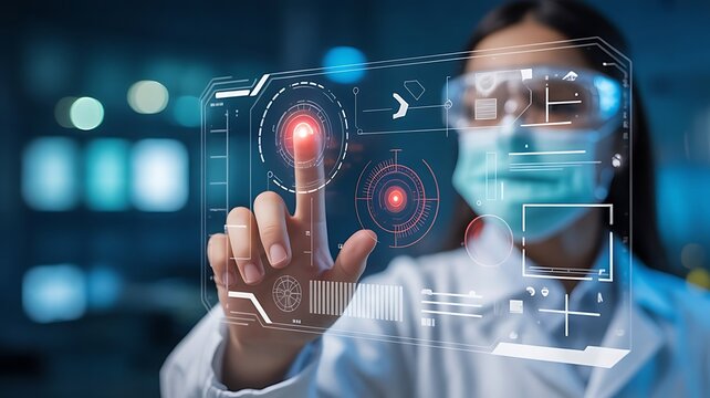 Medical researcher interacting with futuristic holographic interface for research and development in modern lab