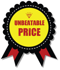price,unbeatable,badge flat vector round badge illustration with black and yellow ribbon for unbeatable price guarantee label