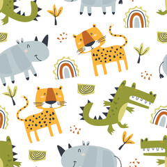 Playful cartoon safari animal seamless pattern with leopard, rhino, crocodile. Vector illustration for baby print, textile, fabric surface design, nursery cover, and children&rsquo;s products.