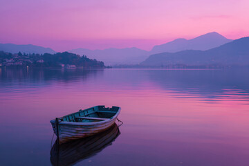 Obraz premium Wooden rowboat floating on calm lake water with distant mountains and shoreline visible in background, gentle ripples surrounding boat, tranquil natural landscape at dusk