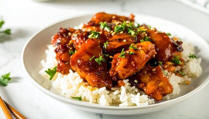 Spicy chicken over rice, garnished