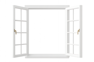 Open White French Window With Brass Handles On White Wall casement isolated on a transparent background