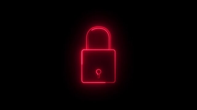 Glowing neon red lock and password icon animation. security encryption privacy padlock protection sign symbol. neon unlocked padlock icon. Neon sign lock technology icon animation.