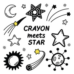 Creative Hand Drawn Space Icons and Text stars moon