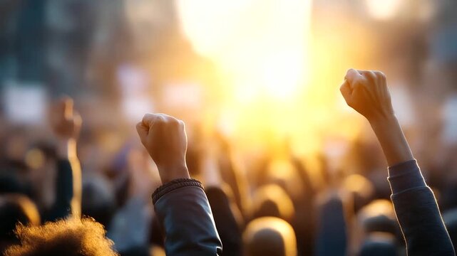 Passionate protest for human rights under gentle sunlight activism peaceful demonstration social justice equality civil rights diverse crowd banners placards freedom of speech
