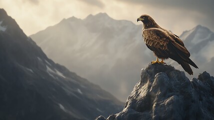 Golden eagle perched on a rocky outcrop, gazing out over a misty mountain range, its sharp eyes scanning the horizon for prey