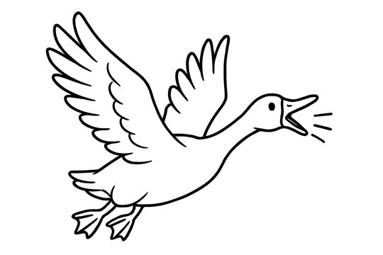 Black and white line art of a flying duck, mouth open, quacking. This expressive cartoon captures avian flight, vocalization. Ideal for coloring pages, education, nature themes, design. A simple, vers