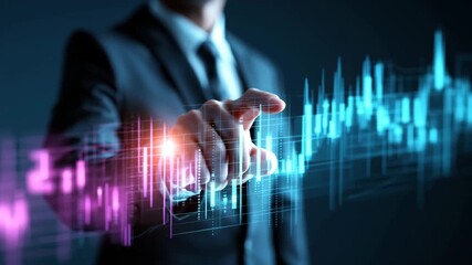 Businessman touching glowing financial chart with data analytics interface - Powered by Adobe