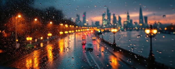 Rainy city evening view with blurred lights and colorful reflections