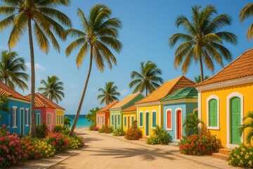 Fototapeta premium Vibrant Dominican street with colorful Caribbean houses, palm trees, and flowers under a bright blue sky. Ideal for travel, vacation, and tropical themes.