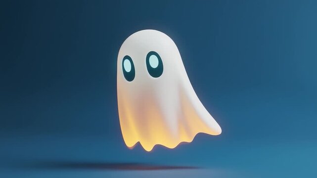 Whimsical ghost character is captured in a fluid motion sequence, floating gracefully with glowing edges against a vibrant blue background, creating a playful and enchanting atmosphere