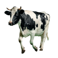 A black and white cow is running on a white background