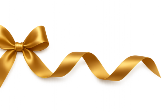 Golden Satin Ribbon Curled into a Bow and Flowing Wave on Beige Background silk isolated on a transparent background