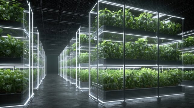 A lush indoor vertical farming setup featuring rows of bioreactors each containing genetically modified crops thriving in controlled environments with soft LED lights illuminating their - Powered by Adobe