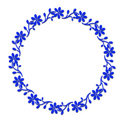 Floral wreath with blue flowers on black background