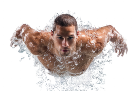 A man is swimming in a pool with water splashing all over him