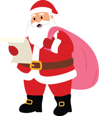 Cute Santa Claus Carry a Pink Sack and Read Paper List, Happy Papa Christmas Character, Cheerful Santa Cartoon Playing Flat Design illustration