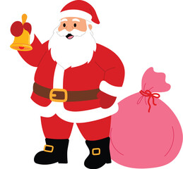 Smile Santa Claus Riding a Bell for Christmas, Cheerful Santa Claus with Pink Sack for Surprise, Merry Christmas with Santa Claus Character illustration