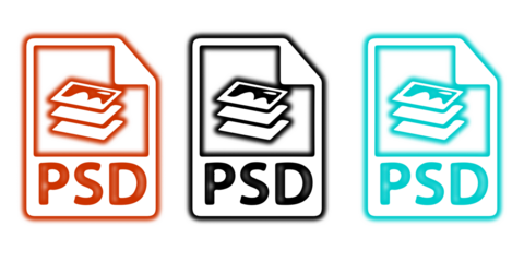 Three colorful psd file icons isolated on transparent background in a row