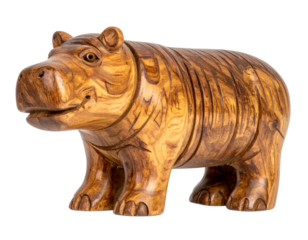Rustic Hand-Carved Wooden Hippopotamus Figurine with Textured Body, Side View, Isolated on Transparent Background