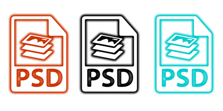 Three colorful psd file icons isolated on transparent background in a row