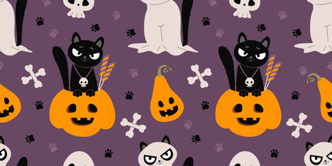 Cute Halloween Seamless pattern. Black Cat with Candy treat in Pumpkin jack o lantern and Ghost animal on purple background. Vector illustration. Horizontal Template for festive design. Not AI