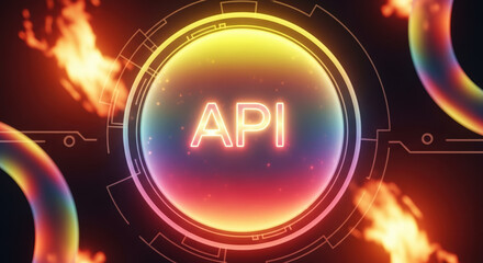 Depiction of API interface with glowing neon, a futuristic software solution, API interface with digital integration in neon. Concept API interface with abstract glowing elements,